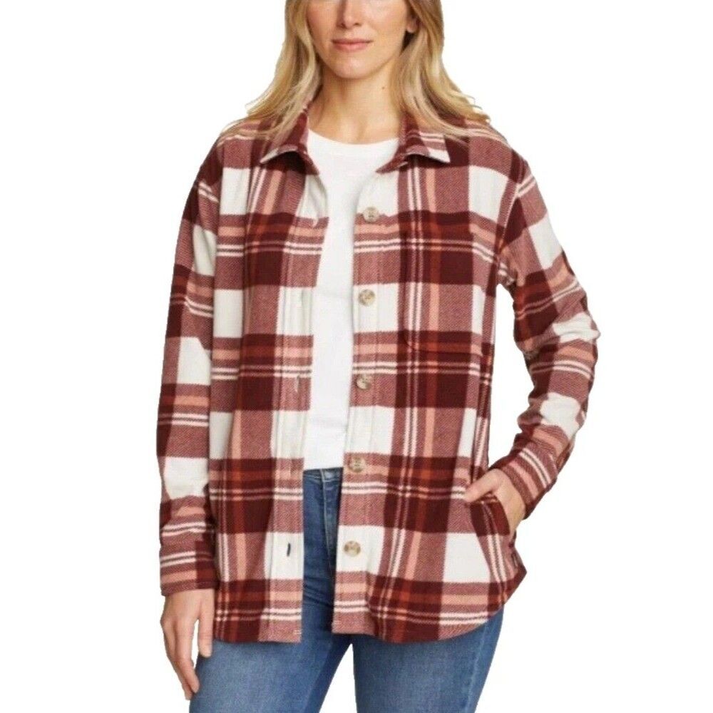 Eddie Bauer Women's S Microfleece Button Up Flannel Shirt Brown Rust Plaid